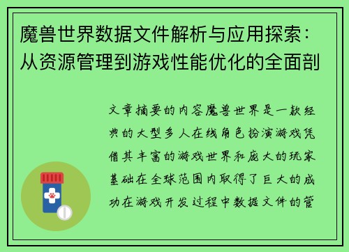 魔兽世界数据文件解析与应用探索：从资源管理到游戏性能优化的全面剖析